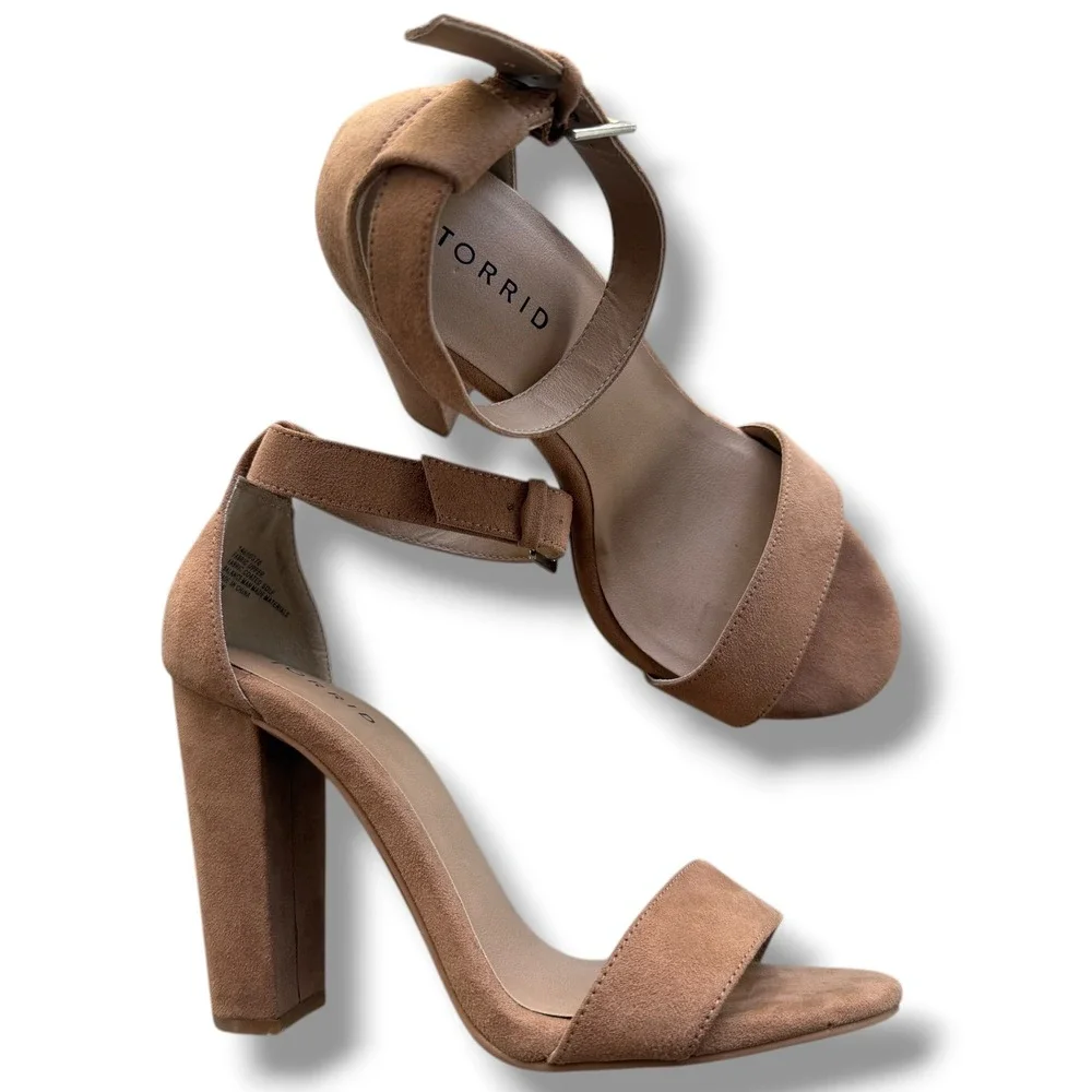 Torrid Women 9WW Camel Brown Faux Suede Two Strap Tapered Heel Sandal Minimalist